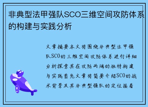 非典型法甲强队SCO三维空间攻防体系的构建与实践分析