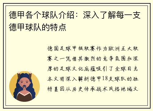 德甲各个球队介绍：深入了解每一支德甲球队的特点