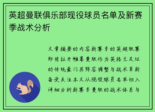 英超曼联俱乐部现役球员名单及新赛季战术分析